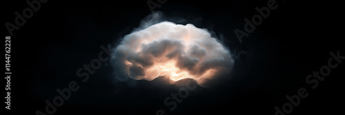 A brain-shaped cloud illuminated from within hovers against a black backdrop, metaphorically highlighting intelligence and creativity in abstract form. photo