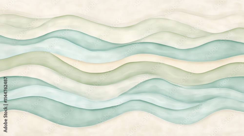 Fototapeta premium Soft, flowing waves of aqua blue, seafoam green, and pale beige overlap in a textured abstract design, evoking the calm and rhythmic motion of ocean tides under a tranquil sky.