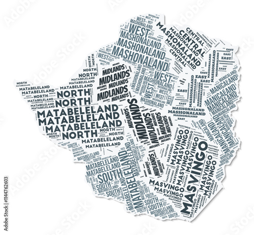 Zimbabwe shape text cloud. Country border with shadow on white background. Zimbabwe with regions division in vintage gazette style. Elegant vector illustration.