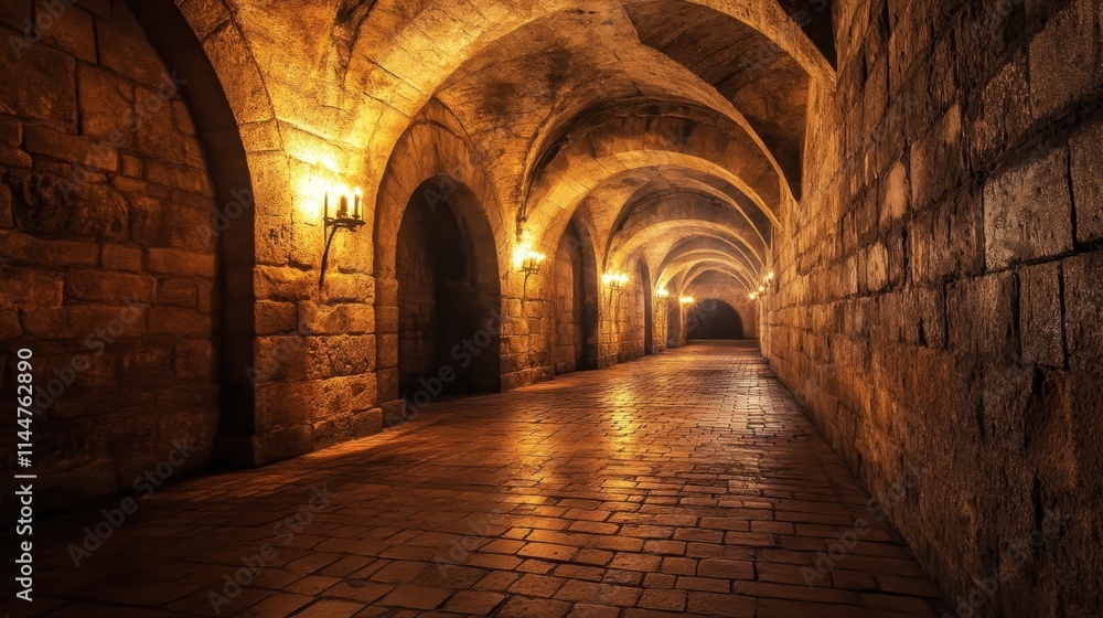 Spooky medieval dungeon with arched stone walls, a brick floor, and torches illuminating the hauntingly dark corridor Spooky medieval dungeon with arched stone walls, a brick floor, and torches illuminating the hauntingly dark corridor