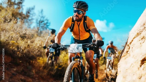 A man in a yellow shirt is riding a bike with the number 16 on it. He is smiling and enjoying the ride