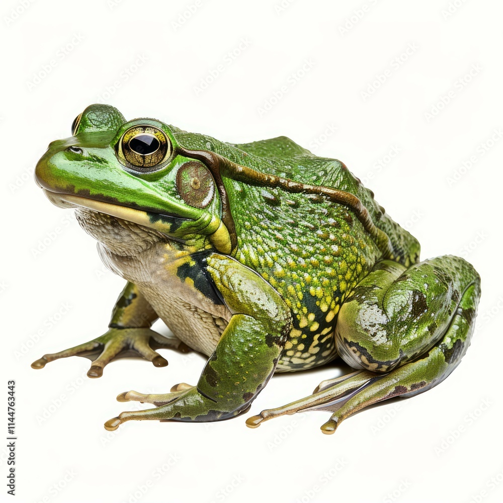 Obraz premium Large green bullfrog in a studio setting, resting on a plain white background