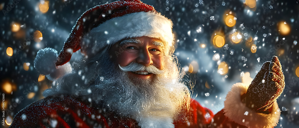 Santa Claus smiles warmly, spreading joy in a snowy scene full of sparkling lights and falling snowflakes Santa Claus smiles warmly, spreading joy in a snowy scene full of sparkling lights and falling snowflakes