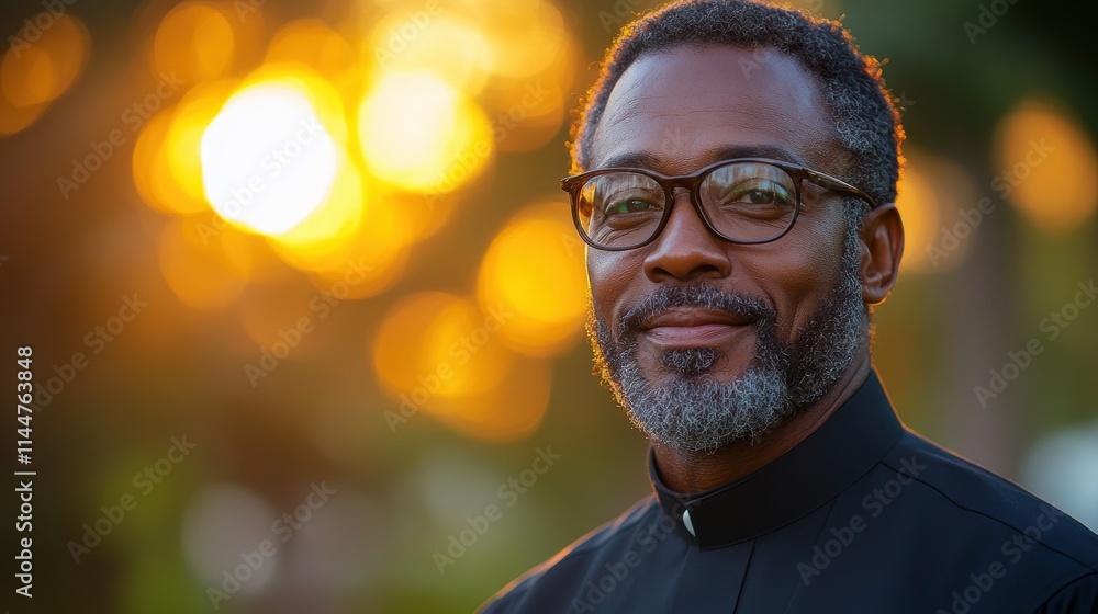 Serene Portrait of a Thoughtful Man in Clerical Attire with Gentle Smile and Glasses in a Sunlit Outdoor Setting with Warm Bokeh Background Serene Portrait of a Thoughtful Man in Clerical Attire with Gentle Smile and Glasses in a Sunlit Outdoor Setting with Warm Bokeh Background