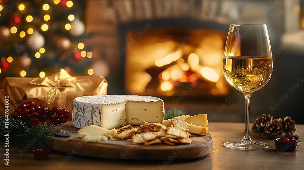 Enjoying a delightful pairing of fine cheese and wine beside a warm, inviting fireplace adorned for the holidays Enjoying a delightful pairing of fine cheese and wine beside a warm, inviting fireplace adorned for the holidays