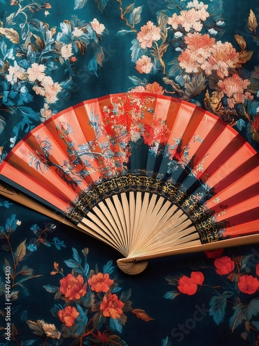 Red hand fan with floral design on patterned textile. photo