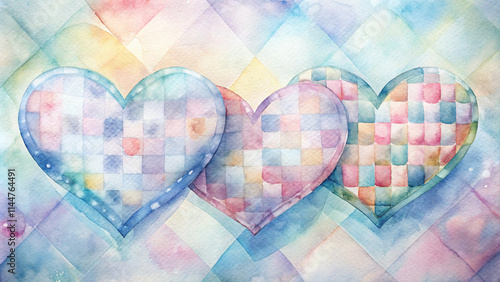 Watercolor gingham heart background featuring soft plaid hearts in pastel colors photo