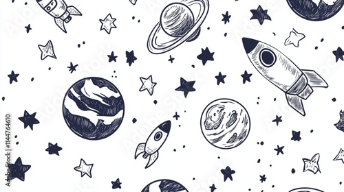 
Cartoon-style doodle planets, rockets, and stars for space exploration themes, studio style, white background, black color icon

