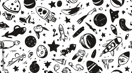 
Cartoon-style doodle planets, rockets, and stars for space exploration themes, studio style, white background, black color icon

