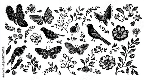 Cartoon-style doodles of flowers, butterflies, and birds for decorative elements