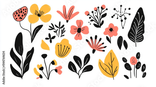 
Cartoon-style doodles with retro-inspired flower and line designs for vector sets