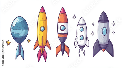 
Cartoon-style doodle planets, rockets, and stars for space exploration themes, studio style, white background, black color icon

