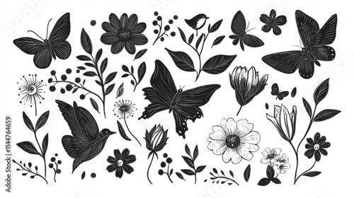 Cartoon-style doodles of flowers, butterflies, and birds for decorative elements
