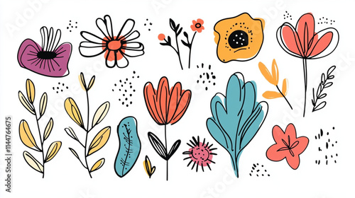 
Cartoon-style doodles with retro-inspired flower and line designs for vector sets