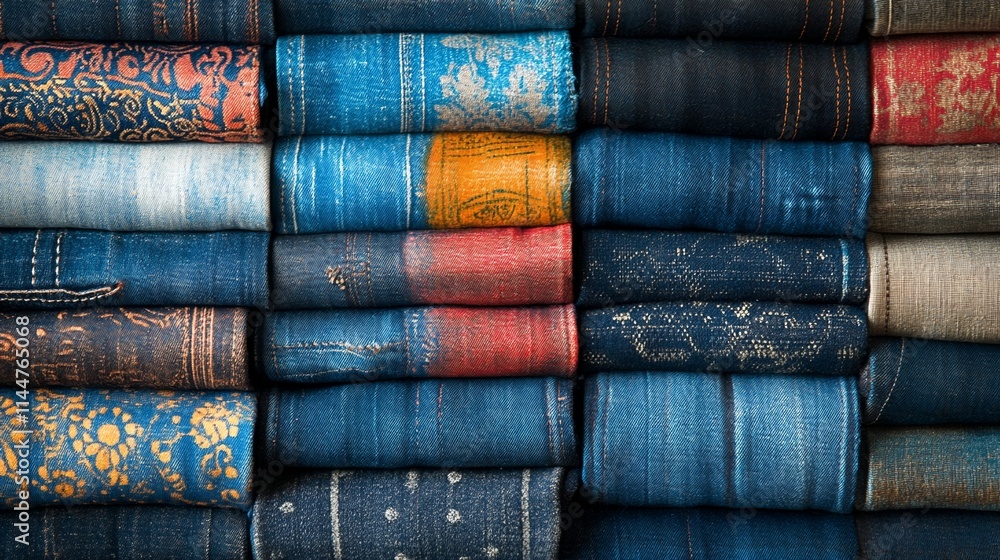 Stack of Jeans Rolled Up and Stacked Vertically. Stack of Jeans Rolled Up and Stacked Vertically.
