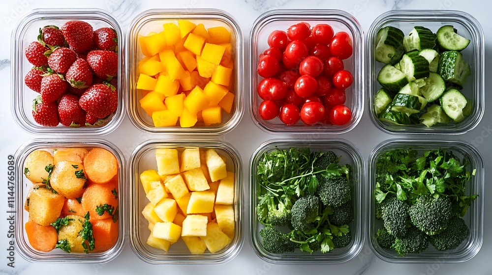 A collection of fresh fruits and vegetables arranged in clear glass containers. A collection of fresh fruits and vegetables arranged in clear glass containers.