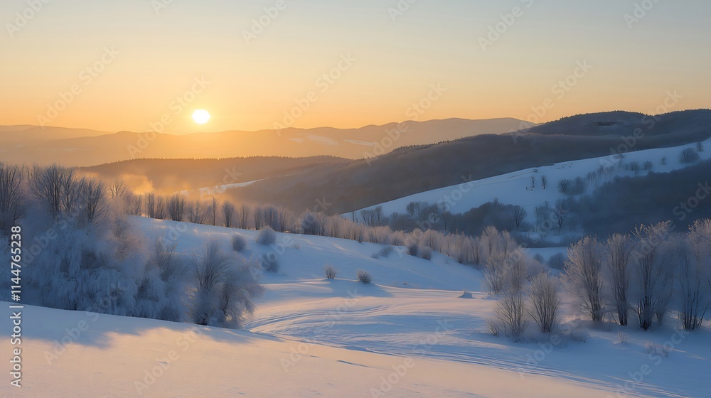 Sunrise over snow-covered mountain landscape. Sunrise over snow-covered mountain landscape.