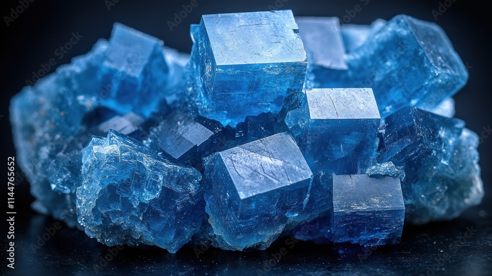Close-up of vibrant blue cubic mineral crystals. Close-up of vibrant blue cubic mineral crystals.