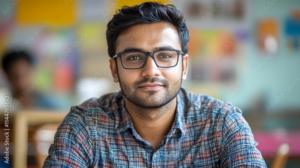 a portrait of a young indian man wearing glasses and a plaid shirt. a portrait of a young indian man wearing glasses and a plaid shirt.