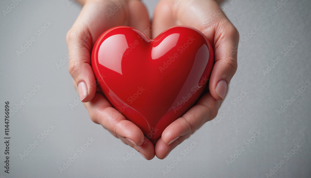 Human hands holding a glossy red heart on a neutral gray background for love and care concept Human hands holding a glossy red heart on a neutral gray background for love and care concept