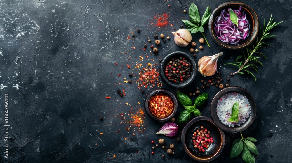 Assorted spices and herbs in bowls on a dark textured background Assorted spices and herbs in bowls on a dark textured background