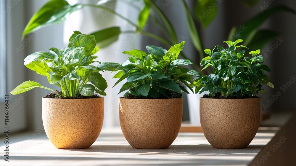 Plants in Small Pots on Window Sill. Plants in Small Pots on Window Sill.