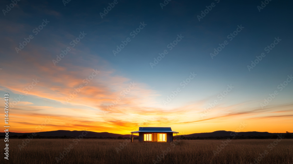 Fototapeta premium Sunset over a solitary house in a vast field with colorful sky tones visible in the background