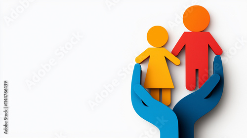 Colorful figures of a child and an adult in hands symbolize care and support.