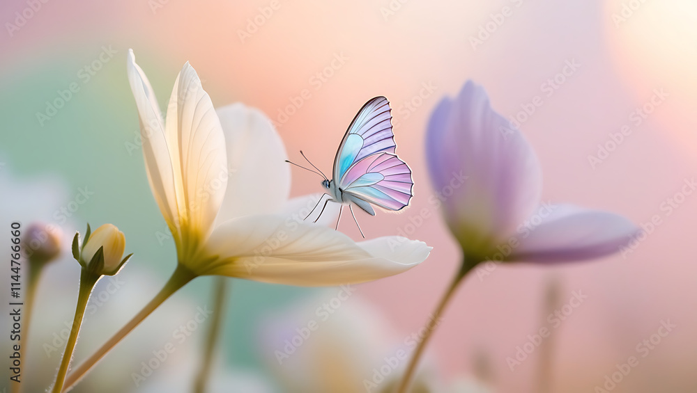 Naklejka premium Soft, serene pastel hues of peach, lavender, and mint blend harmoniously in the background, evoking a gentle sunrise.