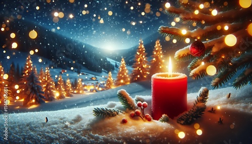 A peaceful winter landscape with a glowing red candle, snow-covered trees and twinkling holiday lights.