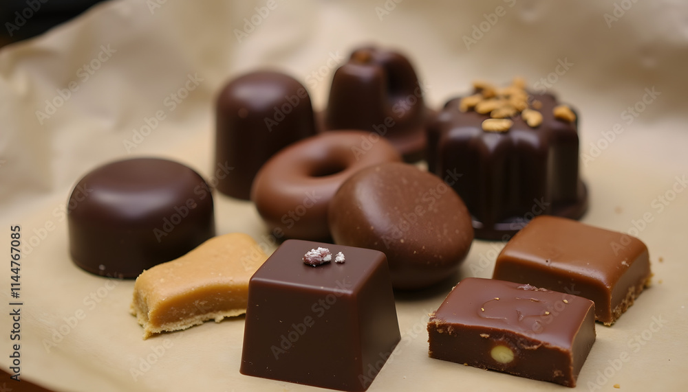 Assortment of artisanal chocolate candies in various shapes and flavors on parchment paper Assortment of artisanal chocolate candies in various shapes and flavors on parchment paper