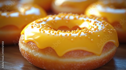 Close-up of yellow iced donuts with sprinkles on a wooden surface. photo