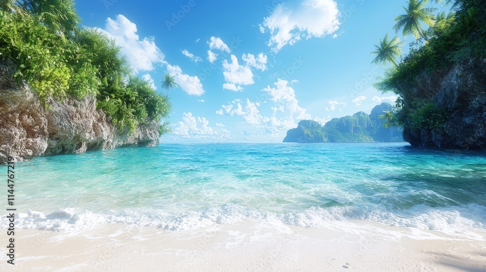 Fototapeta premium Turquoise ocean waves gently wash onto a white sand beach surrounded by lush green tropical cliffs under a bright blue sky.