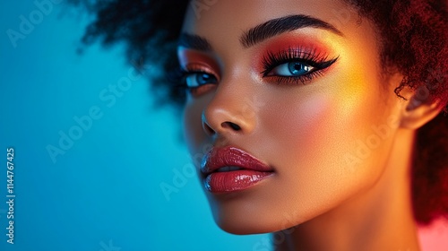 close up of a black woman's face with colorful eye makeup and glossy lips.