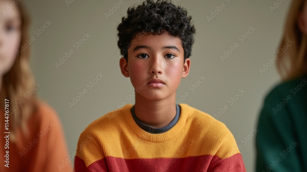 A boy with curly hair sits in a colorful sweater, surrounded by two blurred figures, conveying a sense of contemplation and focus. A boy with curly hair sits in a colorful sweater, surrounded by two blurred figures, conveying a sense of contemplation and focus.
