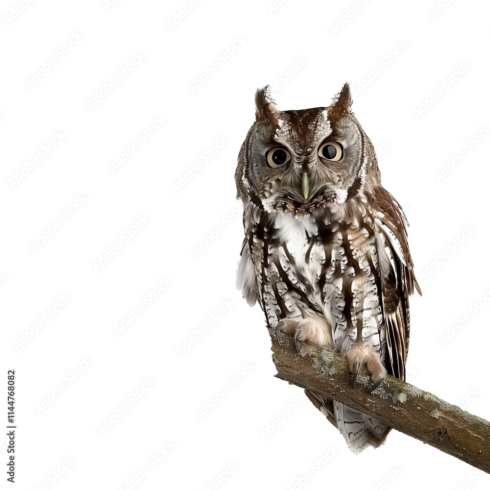 An owl perched on a tree branch at night, isolated in white, white background An owl perched on a tree branch at night, isolated in white, white background