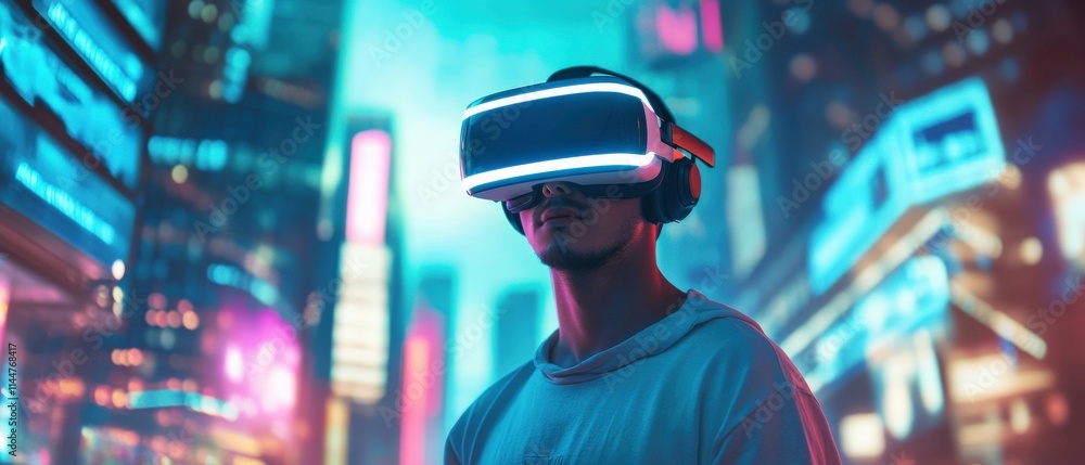 Exploring virtual reality adventures in a neon city futuristic technology environment immersive experience urban viewpoint Exploring virtual reality adventures in a neon city futuristic technology environment immersive experience urban viewpoint