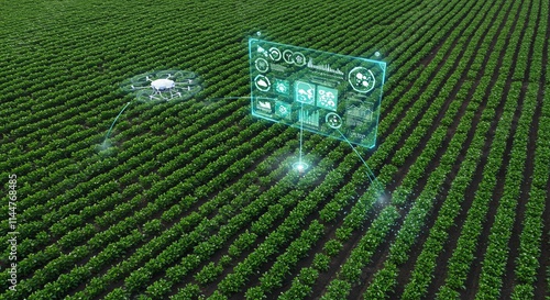 Aerial view of a digital farming system over green crops, highlighting technological advancements in agriculture and sustainability. photo