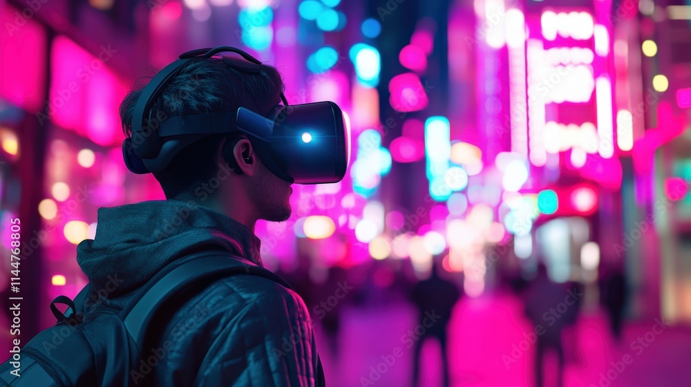 Virtual reality experience in neon city urban technology nighttime cityscape immersive environment futuristic viewpoint Virtual reality experience in neon city urban technology nighttime cityscape immersive environment futuristic viewpoint