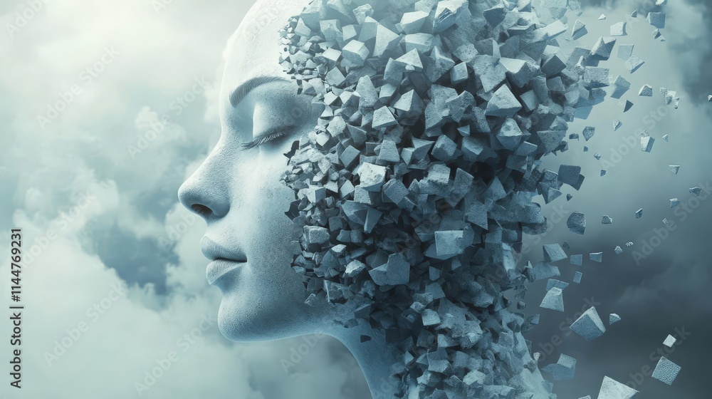 A serene, abstract depiction of a face dissolving into geometric shapes amidst a misty background, evoking themes of transformation and identity. A serene, abstract depiction of a face dissolving into geometric shapes amidst a misty background, evoking themes of transformation and identity.