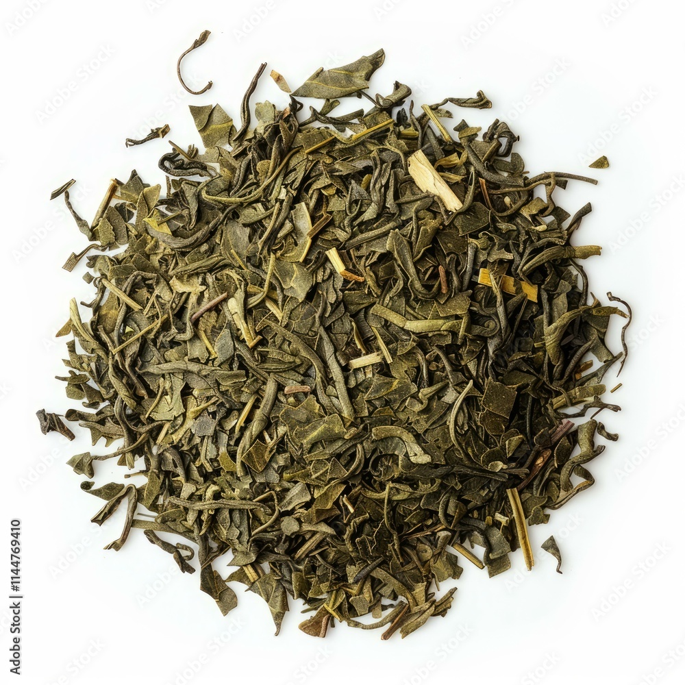 Green tea leaves forming a circle on a white background, captured from above Green tea leaves forming a circle on a white background, captured from above