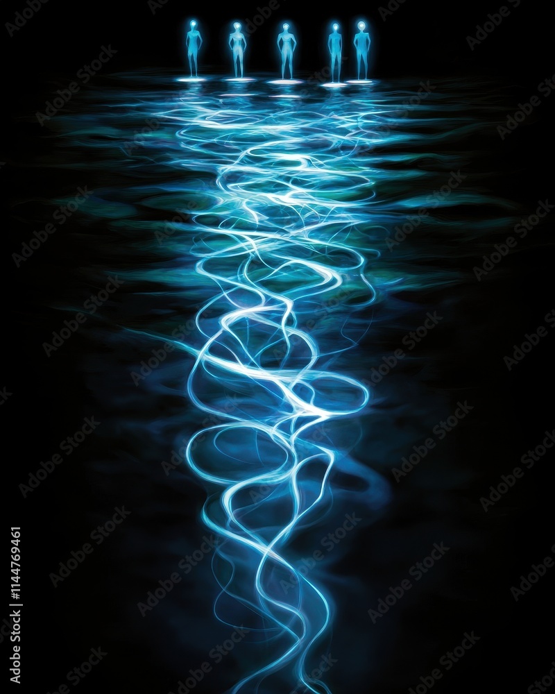 Obraz premium Ethereal Figures in Glowing Blue Light Over Dark Water Surface
