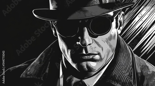 A mysterious figure in a hat and sunglasses, exuding an air of intrigue and suspense in a monochromatic style.