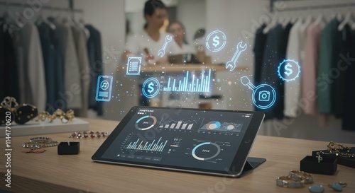 Innovative retail technology showcasing data analytics on a tablet in a fashionable clothing store environment.