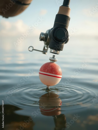 Close-up of fishing rod and tackle, bobber floating on calm water, lake,leisure,still photo