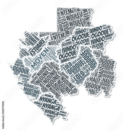 Gabon shape text cloud. Country border with shadow on white background. Gabon with regions division in vintage gazette style. Artistic vector illustration.