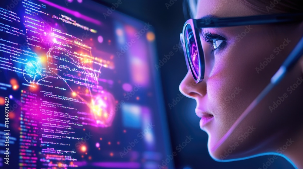 Young caucasian woman engaged in futuristic coding with neon visuals Young caucasian woman engaged in futuristic coding with neon visuals