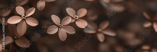 Mocha mousse, brown floral background with textured leaves and flowers, closeup view of blooming elements
