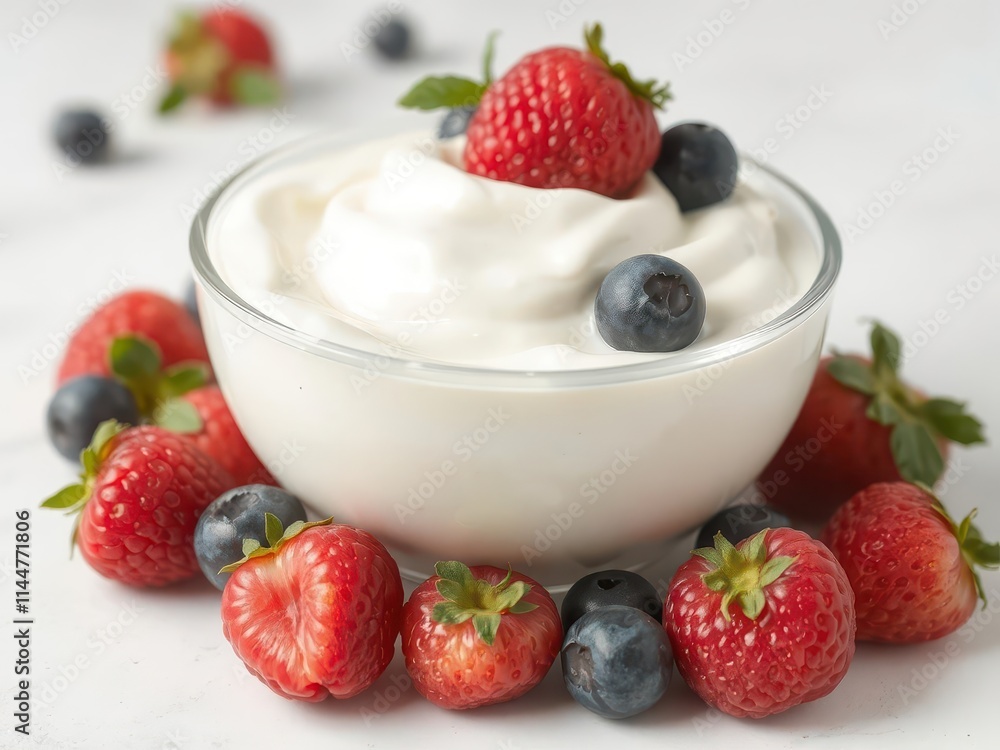 Creamy homemade yogurt topped with fresh berries, organic, delicious, food photography Creamy homemade yogurt topped with fresh berries, organic, delicious, food photography