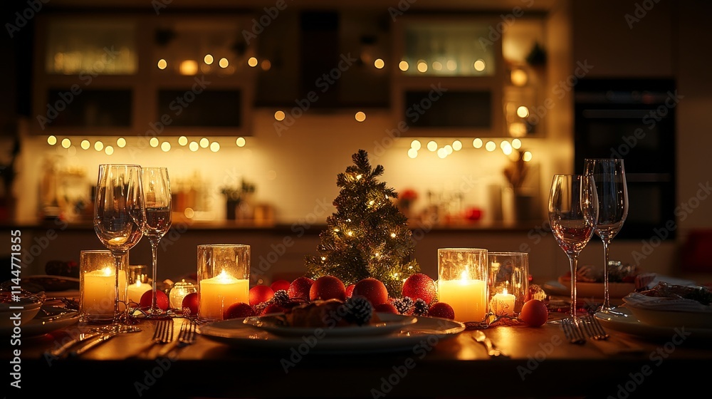 Elegant holiday dining setting with festive decorations Elegant holiday dining setting with festive decorations